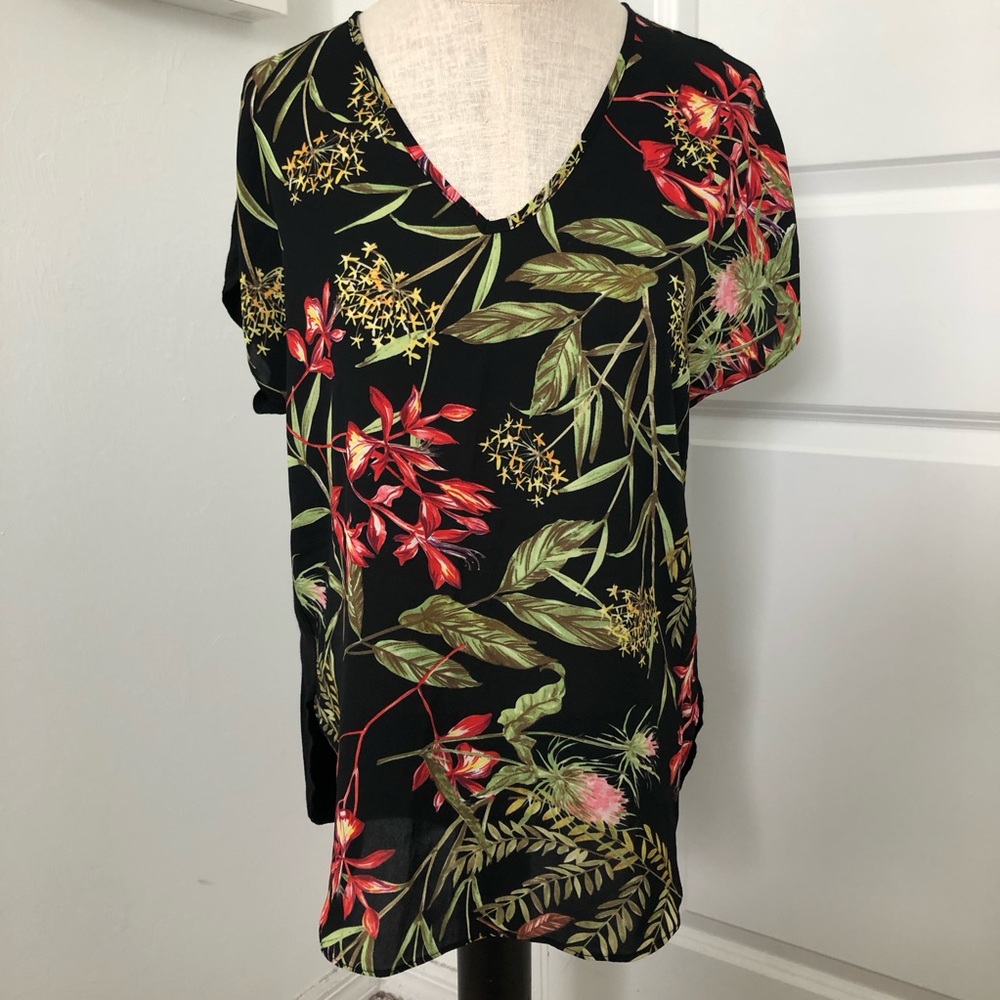 Philosophy Black Tropcial Print Mixed Media Blouse